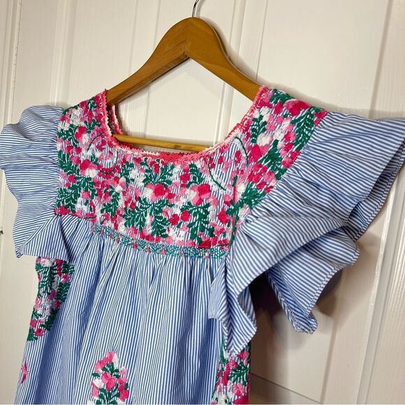 MI GOLONDRINA Blue White Striped Floral Embroidered Soledad Blouse Sz S Bohemian - Picture 3 of 9